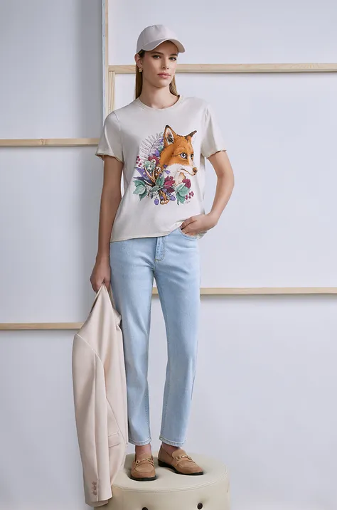 T-shirt bawełniany damski by Joanna Matras, Grafika Polska kolor beżowy