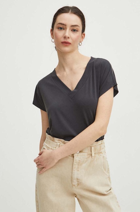 T-shirt damski z domieszką elastanu gładki kolor szary