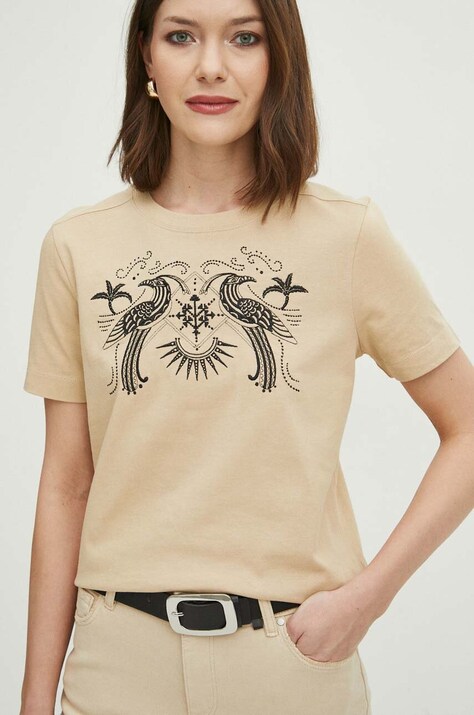 T-shirt bawełniany damski z ozdobną aplikacją kolor beżowy