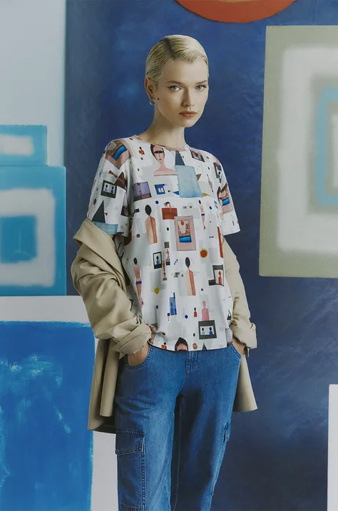 T-shirt bawełniany damski z domieszką elastanu z kolekcji Jerzy Nowosielski x Medicine kolor multicolor
