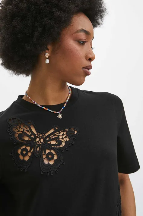 T-shirt bawełniany damski z domieszką elastanu z aplikacją kolor czarny