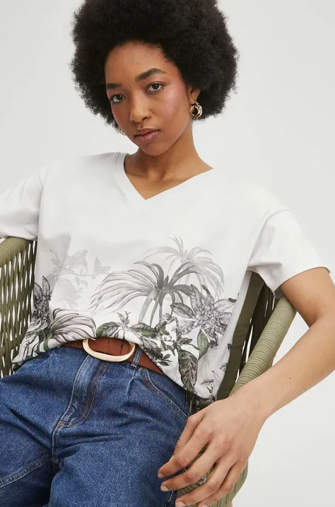 T-shirt bawełniany damski z domieszką elastanu wzorzysty kolor beżowy