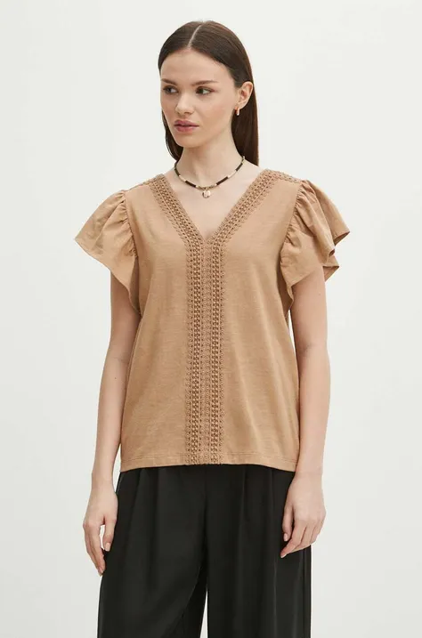 T-shirt bawełniany damski z ozdobną aplikacją kolor beżowy