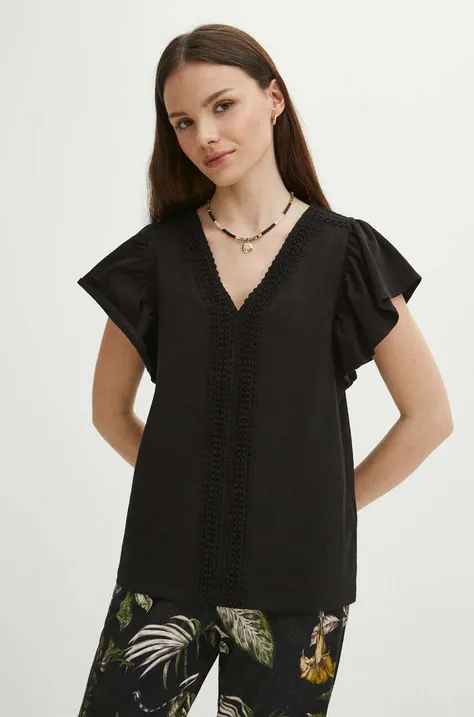 T-shirt bawełniany damski z ozdobną aplikacją kolor czarny