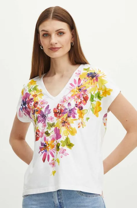 T-shirt bawełniany damski z domieszką elastanu w kwiaty kolor biały