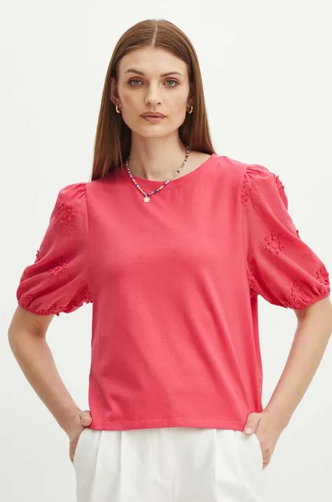T-shirt bawełniany damski z domieszką elastanu z aplikacją kolor różowy