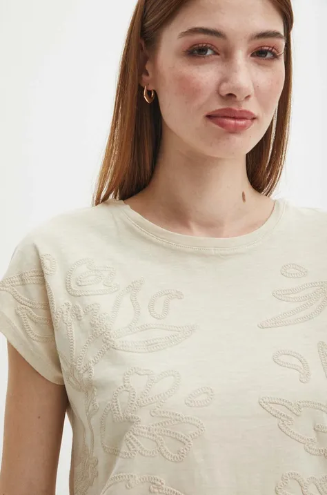 T-shirt bawełniany damski z aplikacją kolor beżowy