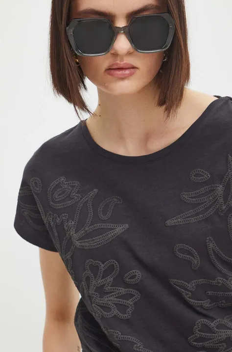 T-shirt bawełniany damski z aplikacją kolor szary