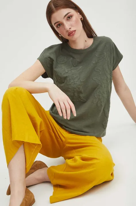 T-shirt bawełniany damski z aplikacją kolor zielony