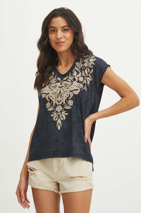 T-shirt bawełniany damski z nadrukiem kolor szary