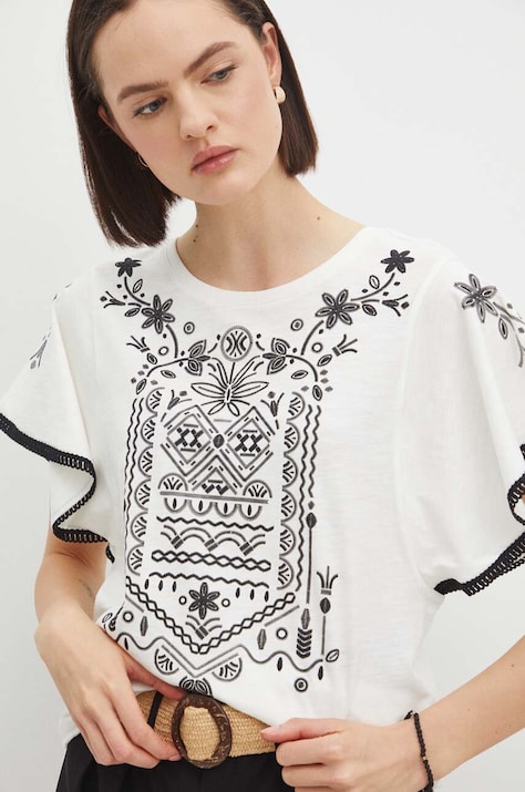 T-shirt bawełniany damski z ozdobną aplikacją kolor beżowy