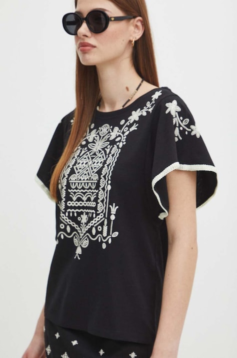 T-shirt bawełniany damski z ozdobną aplikacją kolor czarny