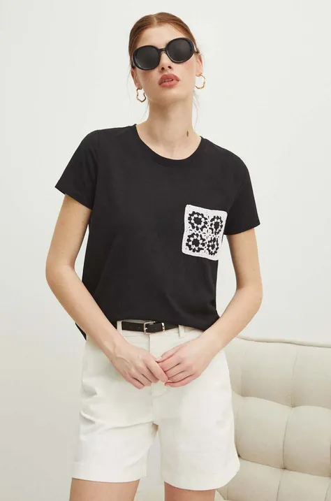 T-shirt bawełniany damski z domieszką elastanu z aplikacją kolor czarny