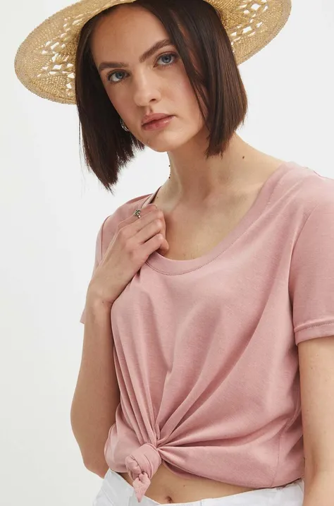 T-shirt damski z domieszką elastanu i modalu gładki kolor różowy