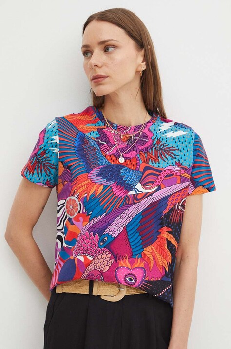 T-shirt bawełniany damski z domieszką elastanu wzorzysty kolor multicolor