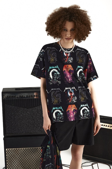 T-shirt bawełniany damski wzorzysty Metallica kolor czarny