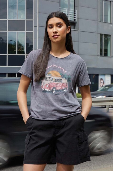 T-shirt bawełniany damski Volkswagen kolor szary