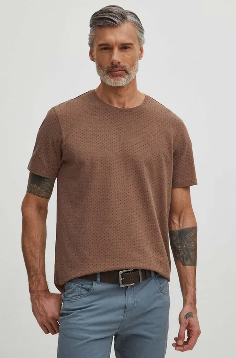 T-shirt bawełniany męski z domieszką elastanu wzorzysty kolor brązowy