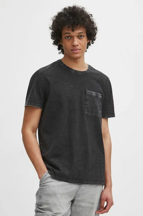 T-shirt bawełniany męski z efektem sprania kolor szary