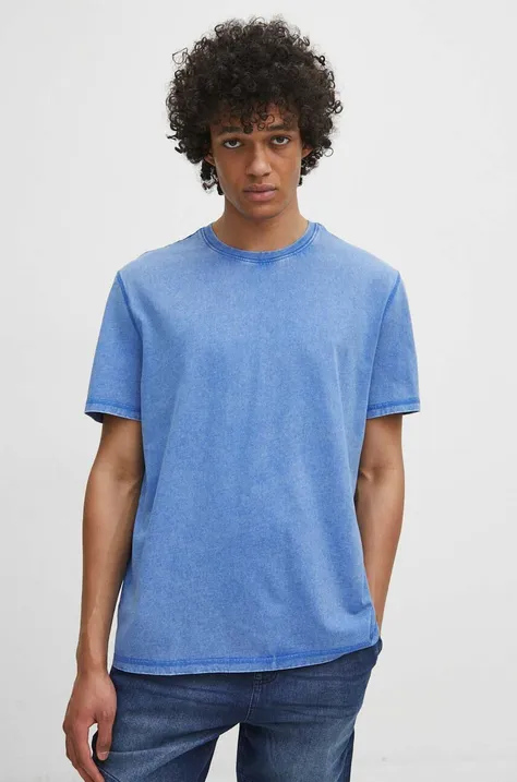 T-shirt bawełniany męski z efektem sprania kolor niebieski