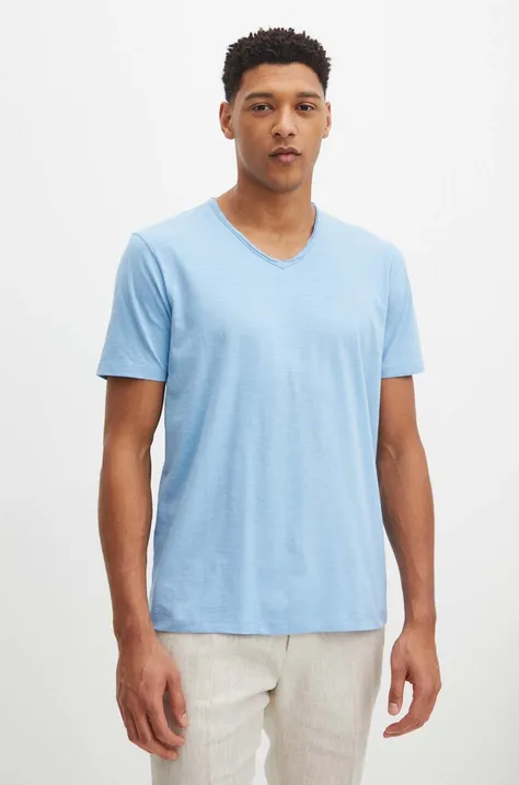 T-shirt bawełniany męski gładki kolor niebieski