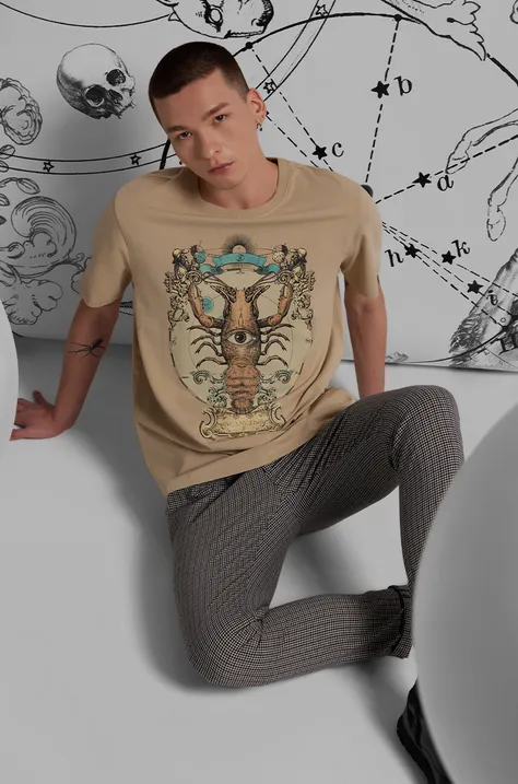T-shirt bawełniany męski z domieszką elastanu z kolekcji Zodiak - Rak kolor beżowy