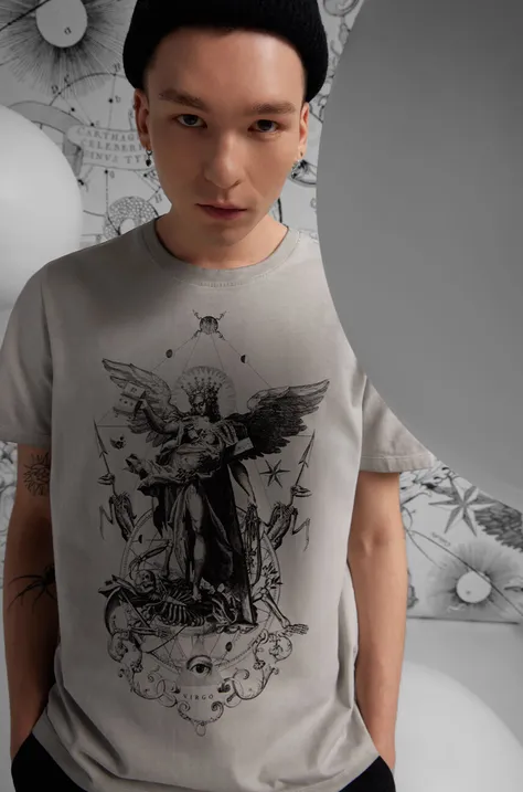 T-shirt bawełniany męski z kolekcji Zodiak - Panna kolor szary