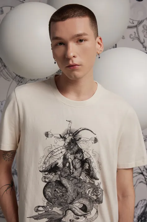 T-shirt bawełniany męski z kolekcji Zodiak - Koziorożec kolor beżowy