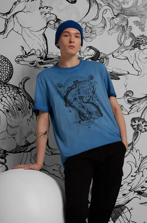 T-shirt bawełniany męski z kolekcji Zodiak - Ryby kolor granatowy