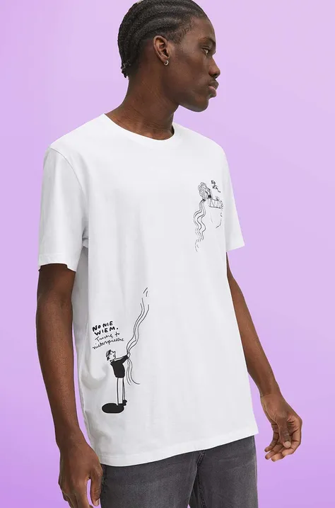 T-shirt bawełniany męski z domieszką elastanu by Magda Danaj - Porysunki kolor biały