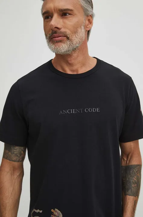 T-shirt bawełniany męski z domieszką elastanu z nadrukiem kolor czarny