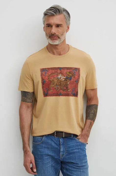T-shirt bawełniany męski z domieszką elastanu z nadrukiem kolor beżowy