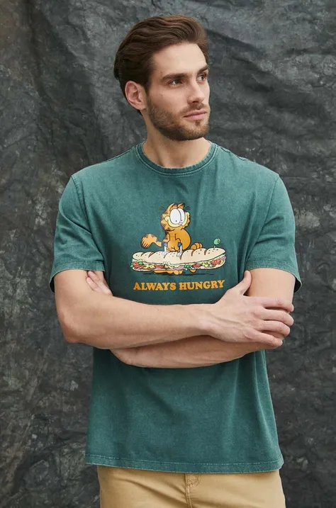 T-shirt bawełniany męski Garfield kolor zielony