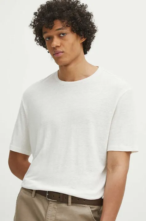 Ľanové tričko Medicine pánske, béžová farba, jednofarebné