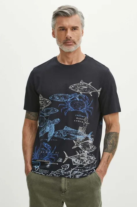 T-shirt bawełniany męski wzorzysty kolor granatowy