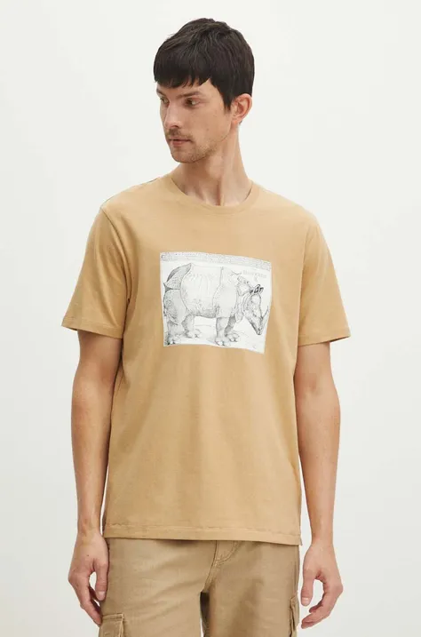 T-shirt bawełniany męski z domieszką elastanu z nadrukiem kolor beżowy