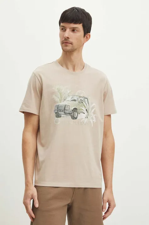 Bavlněné tričko pánské s potiskem béžová barva