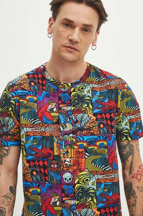 T-shirt bawełniany męski z domieszką elastanu wzorzysty kolor multicolor