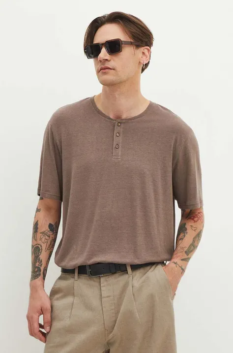 Ľanové tričko Medicine pánsky, hnedá farba, jednofarebný