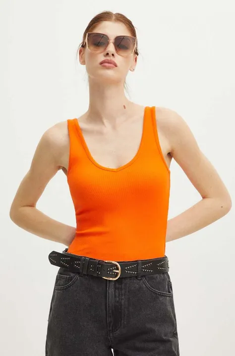 Top bawełniany damski z domieszką elastanu prążkowany kolor pomarańczowy