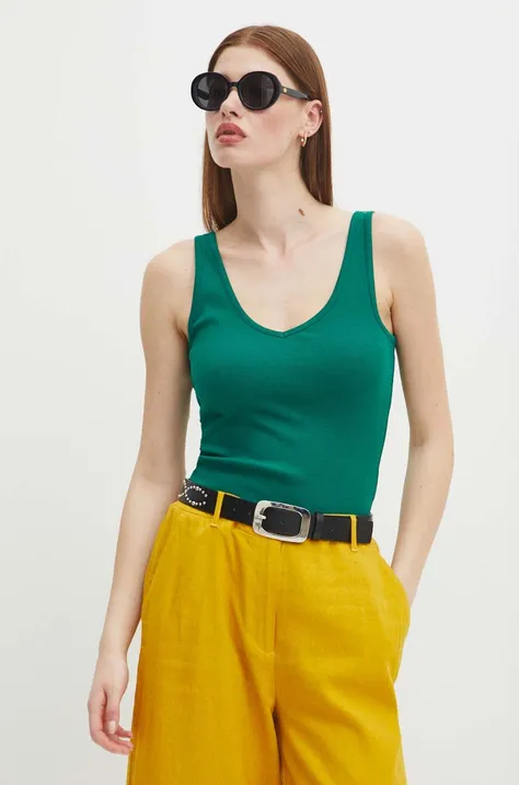 Bavlnený top dámsky s prímesou elastanu pruhovaný zelená farba