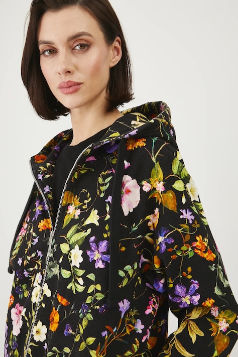 Bluza bawełniana damska z kapturem w kwiaty kolor czarny