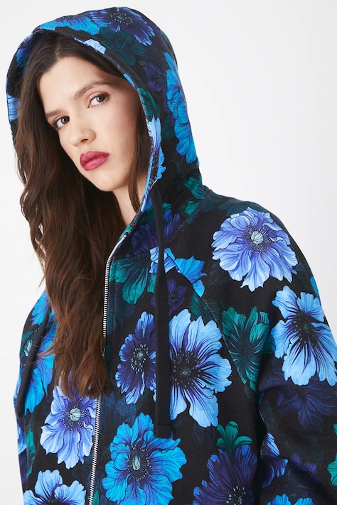 Bluza bawełniana damska z kapturem w kwiaty kolor czarny