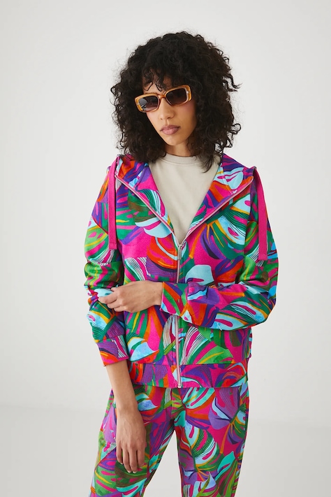 Bluza bawełniana damska z kapturem wzorzysta kolor multicolor
