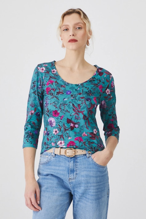 Longsleeve bawełniany damski z elastanem w kwiaty kolor zielony