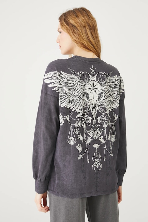 Longsleeve bawełniany damski z nadrukiem kolor szary