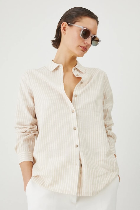Koszula lniana damska w pasy kolor beżowy