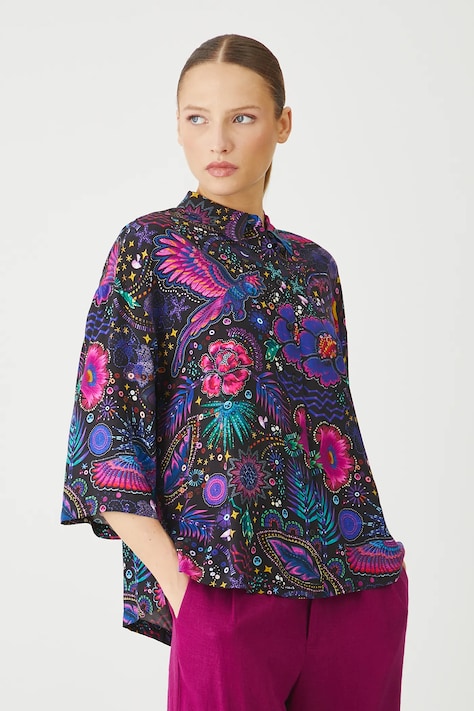 Риза Medicine дамска в черно със свободна кройка с класическа яка