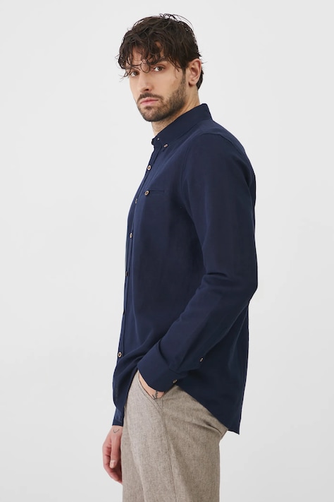 Koszula lniana męska z kołnierzykiem button-down kolor granatowy