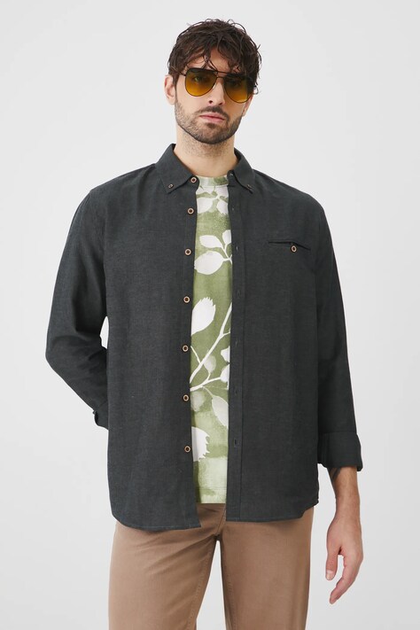 Koszula lniana męska z kołnierzykiem button-down kolor zielony